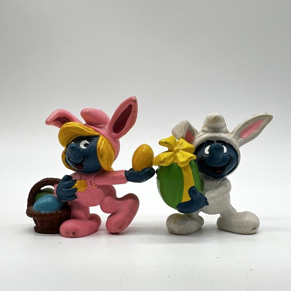Smurfs Easter Bunny Suit Smurf & Smurfette Vintage Peyo‎ Schleich Lot Of 2 - Picture 1 of 4